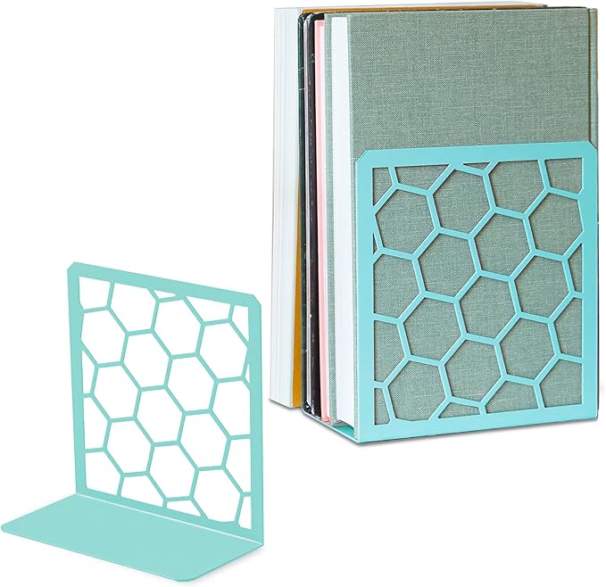 GEOMOD Geometric Honeycomb Turquoise Metal Bookends Decorative - Tall Sturdy Book Ends for Shelves - Modern Heavy Duty Bookend Stopper - Office Shelf Book Holder - 6x3.25x6.25 Inches - 1 Pair