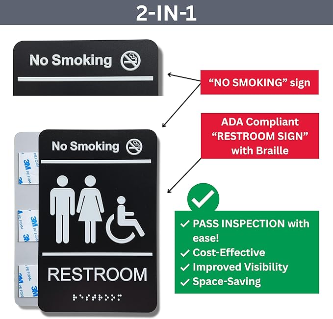 Unisex Restroom signs for business with No Smoking Sign, Brushed Acrylic Bathroom Signs, ADA Compliant with Grade 2 Braille, Raised Icons, Double Sided 3M Tape for Office Toilet Door & Wall 6x9" (2 Pack Restroom Sign)