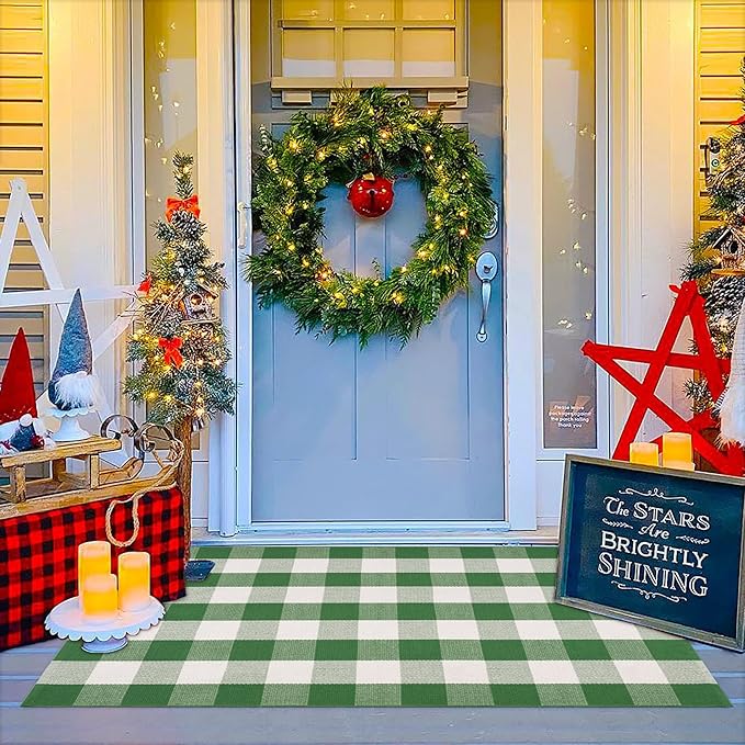 Christmas Green & White Plaid Rug - 3' x 5' Outdoor Front Door Decor Mat Cotton Washable Hand-Woven Rug Christmas New Year Holiday Porch Entryway Layered Doormat