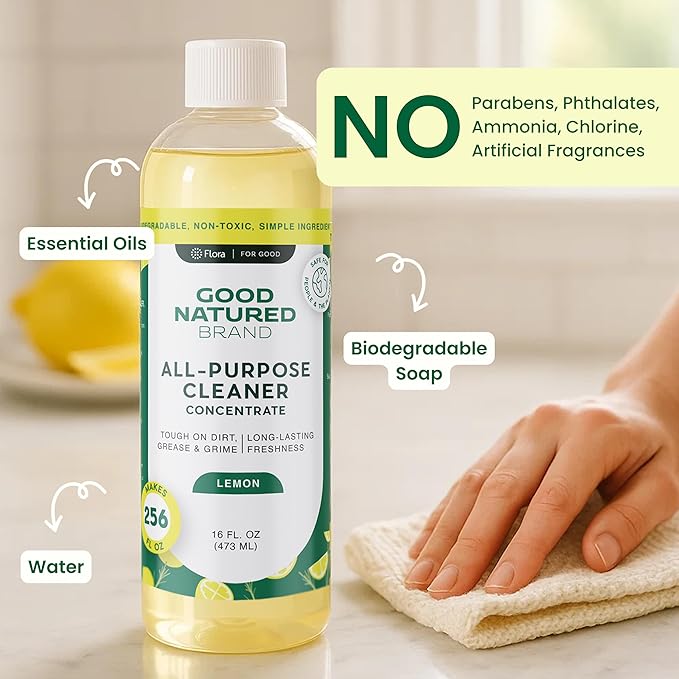 Good Natured Brand All-Purpose Cleaner Concentrate | Multi-Surface Cleaner | Natural Lemon Essential Oil | Multipurpose Cleaner Concentrate All Surfaces | Lemon Love | 16oz makes 256oz