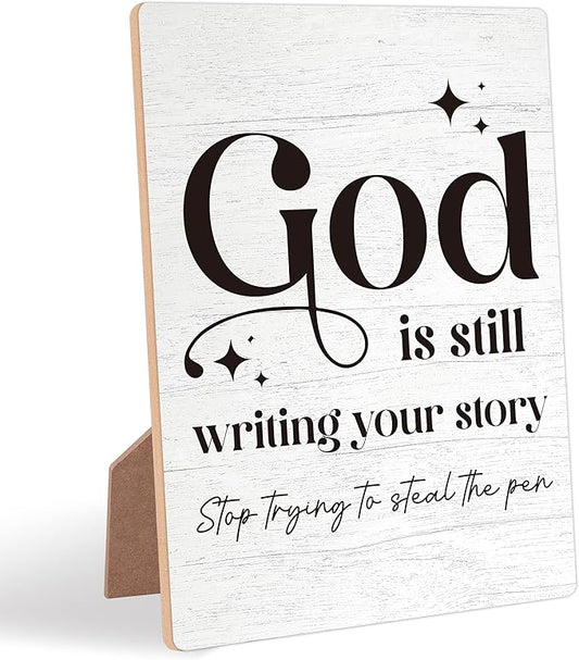 God Is Still Writing Your Story Wooden Sign with Stand, Bible Verses Decor, Christian Home Decor, Desk Signs for Office, Christian Gifts, Coworker Gifts, Encouragement Gifts for Women Men Friend,9