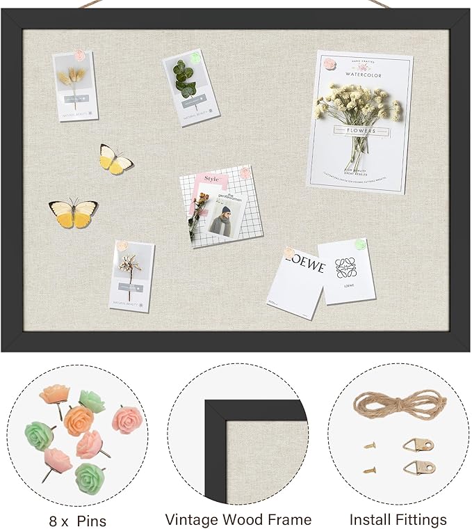Cork Board Bulletin Board 16.7" x 11", Small Linen Corkboards with Frame for Walls, Cute Picture Display Pin Board Vision Board for Room School Office Bedroom 8 Pushpins Vintage Black