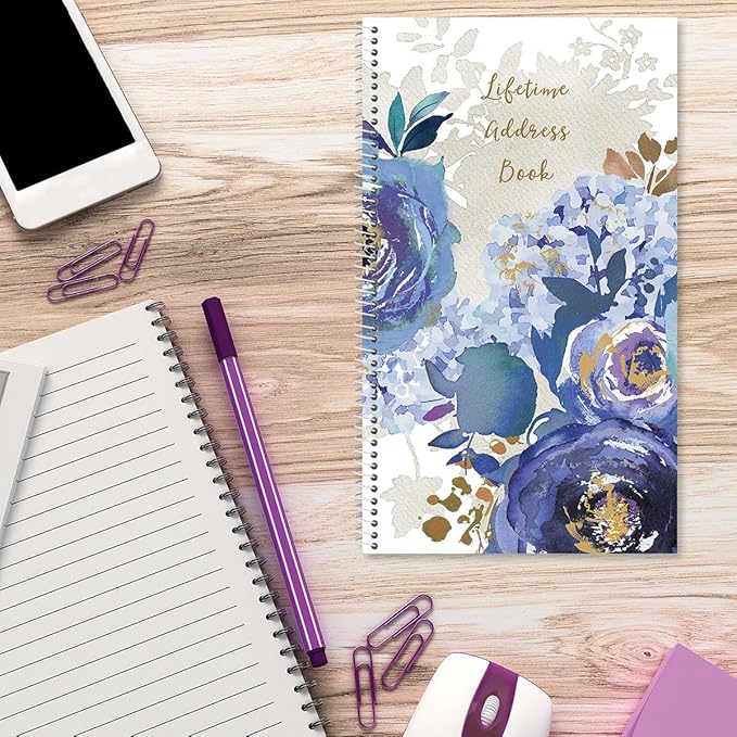 Current Blue Peacock Address Book - 94 Pages; Small 5" x 8-1/2" Size for Purse or Office, Spiral Bound Soft Cover Organizer for Contacts, Addresses, Email, & Phone Numbers + 50 Replacement Stickers