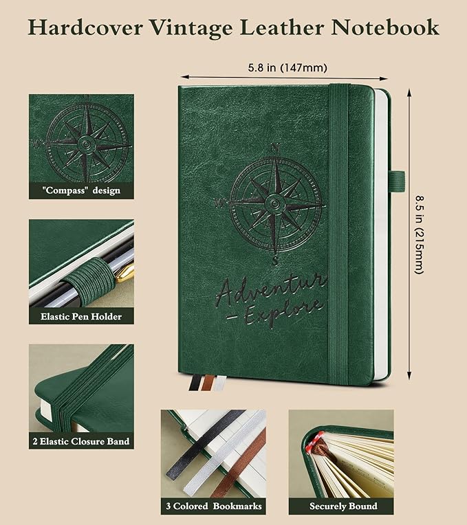 Lined Journal Notebook for Men Women, 160 Pages Ruled Paper, Inner Pocket, A5 Hardcover Vintage Leather Notebooks for Work, School, Travel Journaling, Daily Diary, Notepad 5.8" x 8.5" (Green)