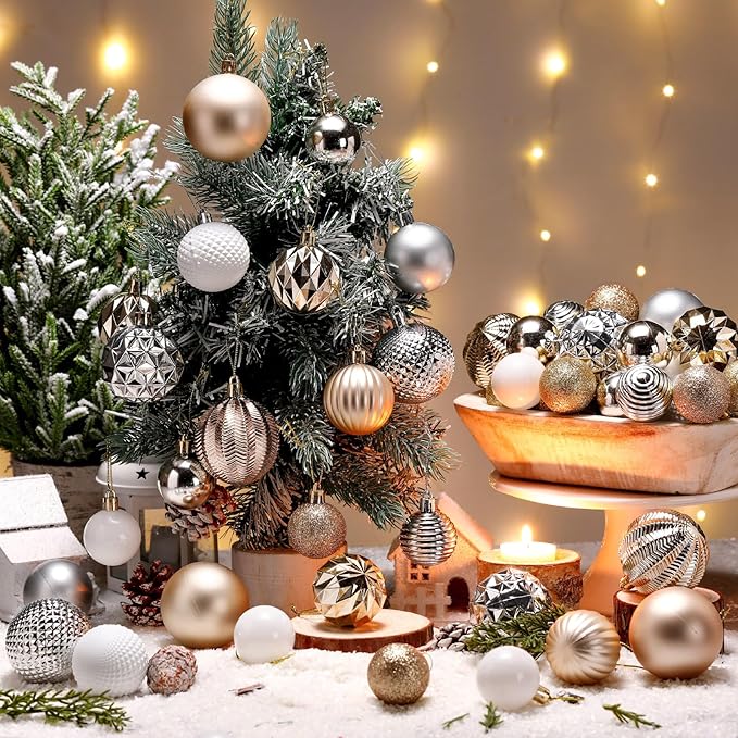 64 Pcs Christmas Ball Ornaments Champagne Gold Silver White Xmas Ornaments Sets 1.6/1.97/2.4 Inch Shatterproof Glitter Xmas Balls Assorted Holiday Neutral Modern Christmas Decor for Tree Home