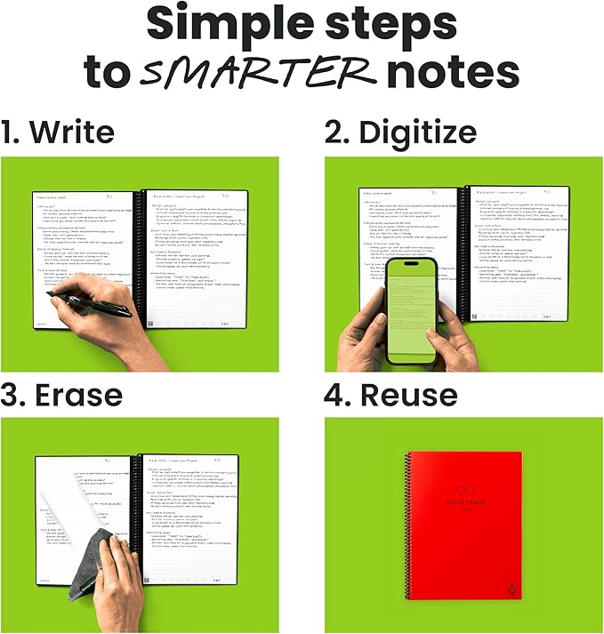 Rocketbook New Core Reusable Spiral Notebook, Executive Size 6x8.8, Red - Lined Pages, App-Connected, Erasable, Durable Cover, Ideal for School, Work, and Creative Projects