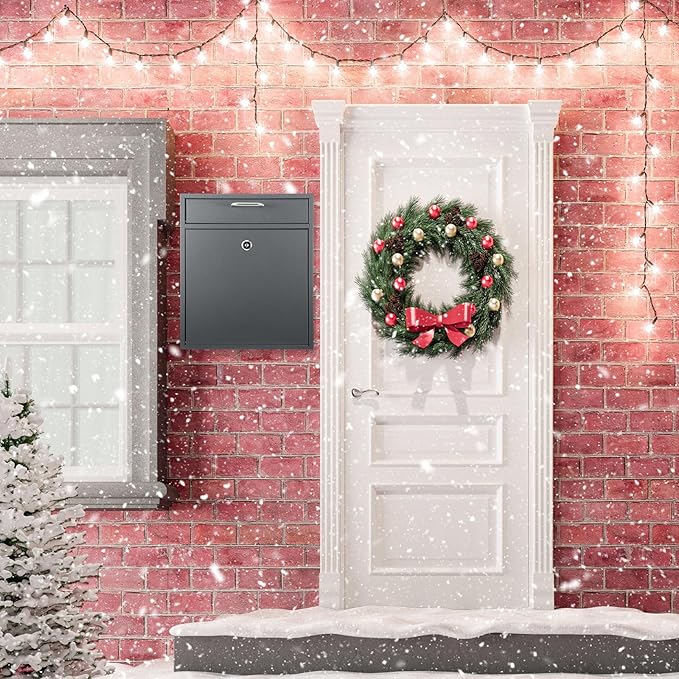 Locking Mailbox with Key for Outdoor 12 x 10.5 x 4.7 Inches Large Wall Mount Mail Box with Lock Security Mail Drop Metal Collection Boxes Hanging Secure Postbox(Dark Gray)