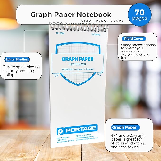 Portage Graph Paper Notebook – Top Bound Spiral Grid Notepad, Small Graph Notebook Writing Pad, Reversible with Notes Template, Thick Cover For Stability – 4 x 8 In, 70 Sheets, 12 Pack