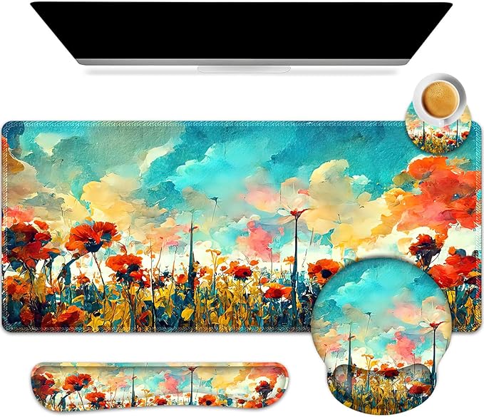 ARTSO Desk Mat, Large Gaming Mouse Pad Wrist Support Set, Ergonomic Keyboard Wrist Rest Desk Pad with Coaster Combo, Extended Mousepad with Non-Slip for Home Office, Oil Painting Flowers Plants