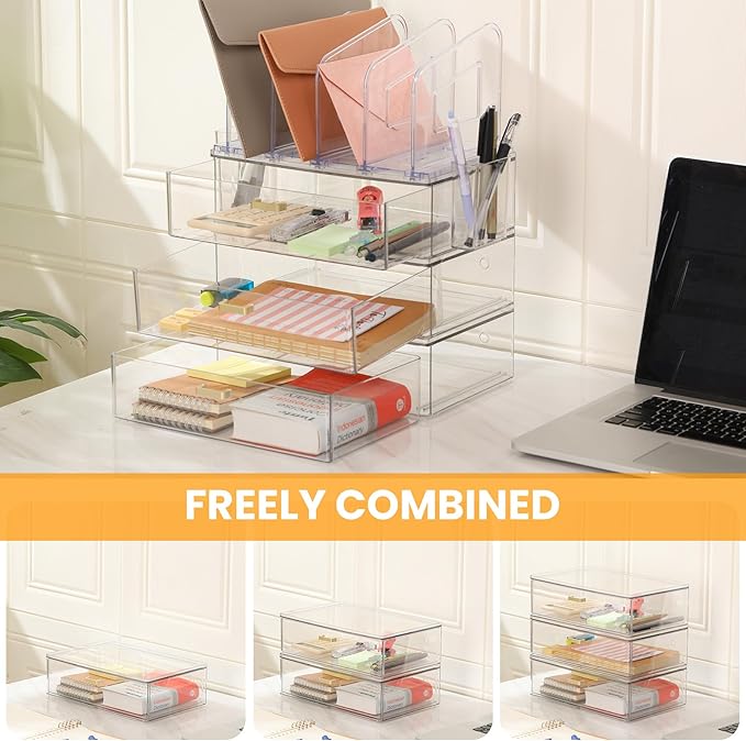 Acrylic Desk Organizer Set, 3 Pack Stackable Desktop Drawer Organizer with 4 Vertical File Holders and 2 Pen Holders, Desk Organizers and Accessories for Home Office Storage