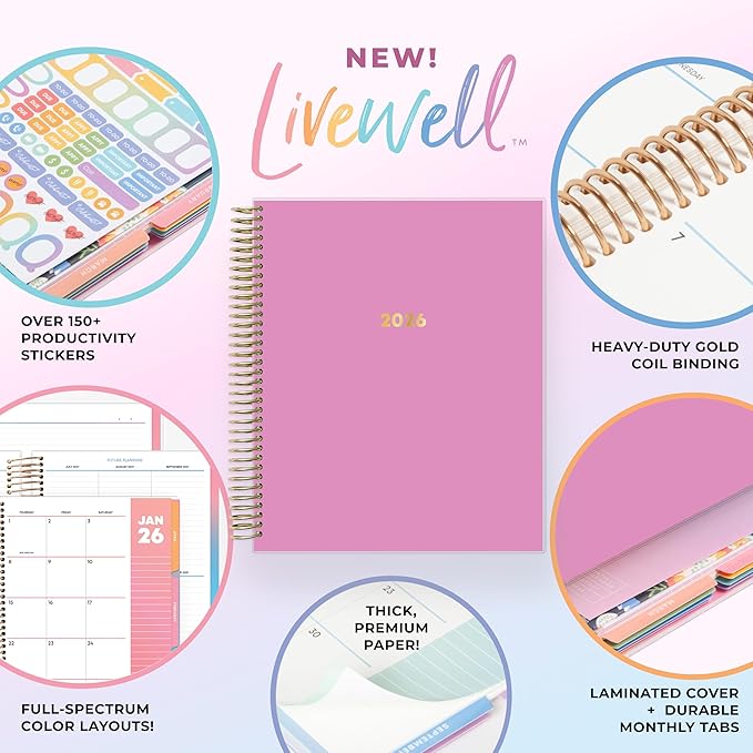 Blue Sky Livewell 2026 Weekly and Monthly Planner Calendar, January 2026 - December 2026, 7" x 9", Flexible Laminated Cover, Heavy Duty Coil Binding, Colorful Premium Paper, Includes Storage Pocket, Stickers, Magenta
