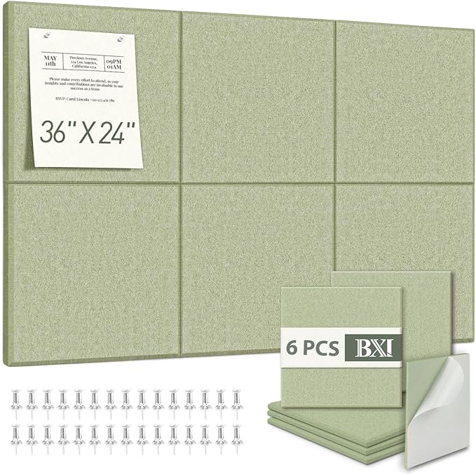 BXI Felt Bulletin Board - 36 X 24 Inches, 6 Pcs Self-Adhesive Decor Cork Boards with 30 Pushpins, Sturdy Acoustic Wall Panels for Office Work, Poster Pin Tiles for Teen Dorm Room Kitchen Classroom