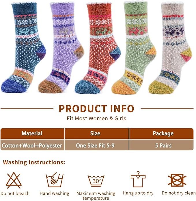 ICEIVY 5 Pair Fuzzy Cozy Socks for Women - Warm Comfy Soft Casual Home Sleep Winter Wool Socks - Gifts for Women
