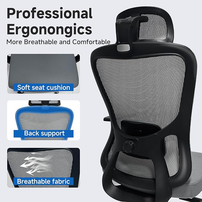 Ergonomic Desk Office Chair, High Back Home Computer Chair with Adjustable Swivel 3D Armrests for Comfort Lumbar Supports Up to 400lbs (Grey)
