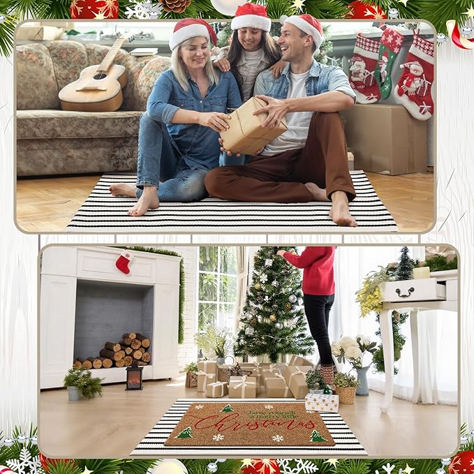 2 Pcs Christmas Door Mat Outdoor Have Yourself a Merry Little Christmas Nature Coir Welcome Outdoor Rug Black White Stripe Xmas Rugs for Front Porch Floor Indoor Entrance Decor
