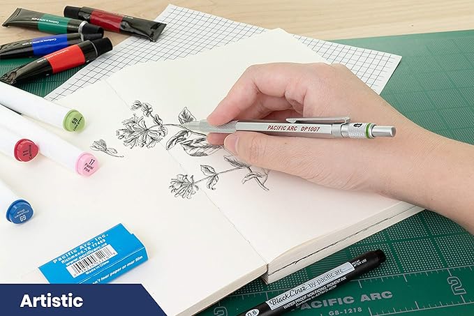 Pacific Arc Chromagraph Metal Mechanical Pencil .7 mm Silver Barrel Mechanical Pencil with Built In Lead Pencil Grade Indicator, Lead Pencil Holder for Drafting, Sketching, and Drawing