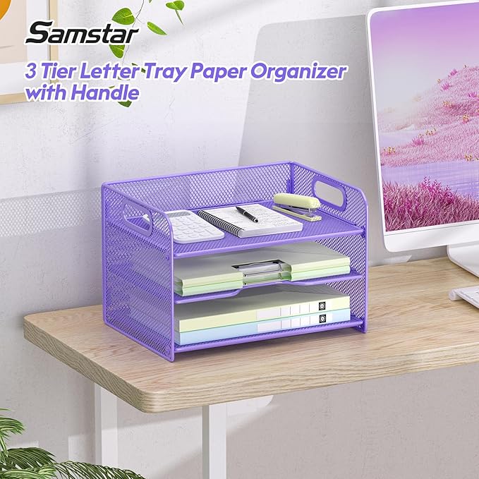 Samstar 3 Tier Purple Letter Tray Paper Organizer with Handle, Mesh Desk Organizer Paper Sorter File Rack Shelves, Purple