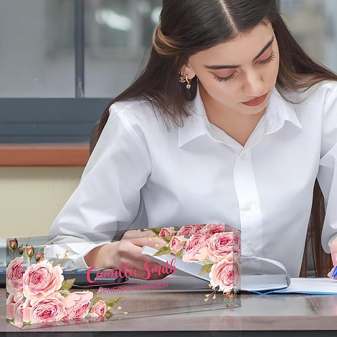 Ship Next Day Personalized Name Plate for Desk, Custom Acrylic Desk Name Sign, Office Appreciation Gifts for Women Men Coworkers Boss Teacher Employee (Pink Rose)