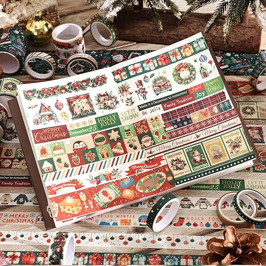 25 Rolls Christmas Gift Washi Tape Set, Festivals New Year Decorative Tapes for Scrapbooking, Junk Journal supplies, DIY Crafts Gift, Party Decorations, Bullet Journaling, 5-50mm Wide 9.84ft long/Roll