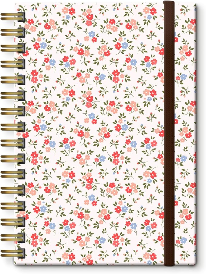 Spiral Journal Notebook, A5 Cute Notebooks for Women Men, College Ruled Hardcover Notebook for Work & Note Taking, 60 Pages Double-Wire Journals for Writing, White Pink Flowers