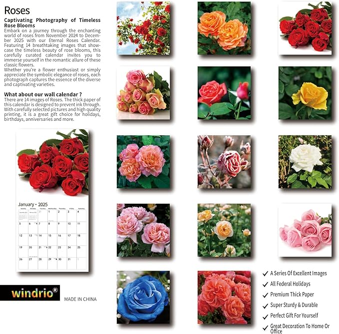 2025 Wall Calendar,Calendar 2025, January 2025 - December 2025, Wall Calendar Roses, 12" x 24" Opened,Full Page Months Thick & Sturdy Paper for Calendar Organizing & Planning