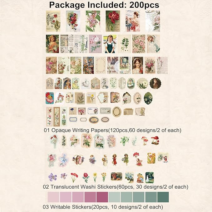 200PCS Vintage Scrapbooking Supplies Pack, Aesthetic Scrapbook Sticker Paper Art Journaling Kit for Bullet Junk Journals,Planner,Cottagecore Decor Gifts (Girl)