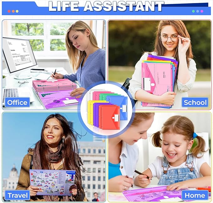 28pcs Binder Folders with Space-Saving Closure and Label Pocket, Super Heavyweight Plastic File Envelopes for 3 Ring, 7 Colors Letter Size Side Loading Binder Pockets Organizer for School