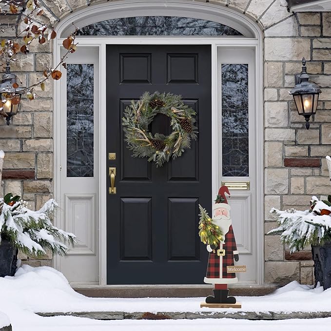 Glitzhome 36" H Lighted Wooden Christmas Santa Porch Sign Standing Porch Decor Rustic Merry Christmas Welcome Sign Holiday Party Outdoor Indoor Xmas Decorations