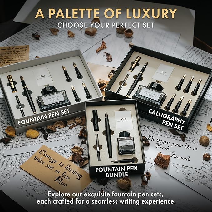 Wordsworth & Black Fountain Pen Set, 18K Gilded Medium and Extra Fine Nib, 25ML Black Ink Bottle, 6 Ink Cartridges,Refill Converter,Gift Box,Smooth Writing Pens [All Black],Gift Set for Men and Women