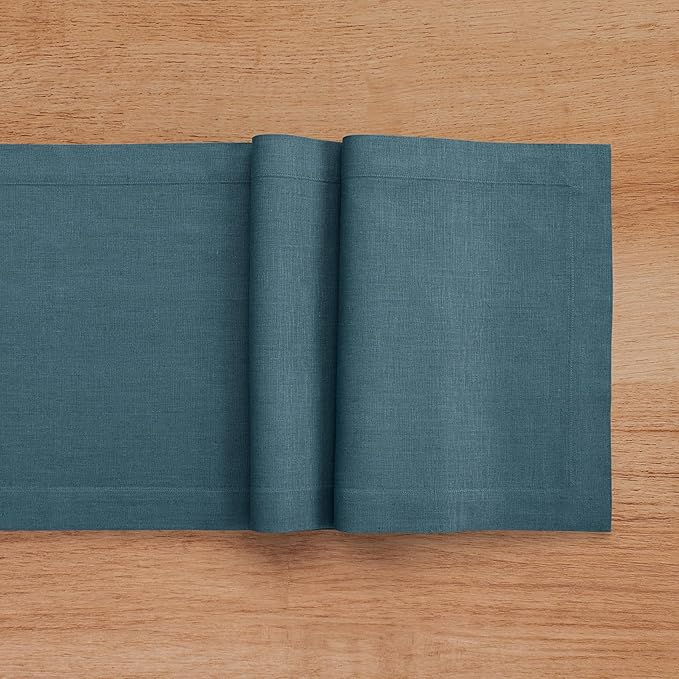 Solino Home Linen Table Runner 72 Inches Long - 100% Pure Linen Peacock Blue Table Runner 14 x 72 Inch - Fete
