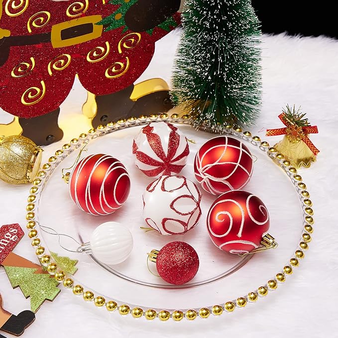 100Pcs Elegant Christmas Balls Set Christmas Tree Ornaments with Glitter and Patterns Bulk Ornaments for Tree as Festive Christmas Decor Xmas Ball Set Red White