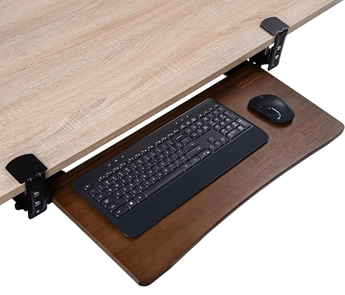 D'vine Dev Under Desk Keyboard Tray with Wrist Rest Bamboo Wood Keyboard Drawer with Full Size Mouse Pad, Walnut Color, KBT-2