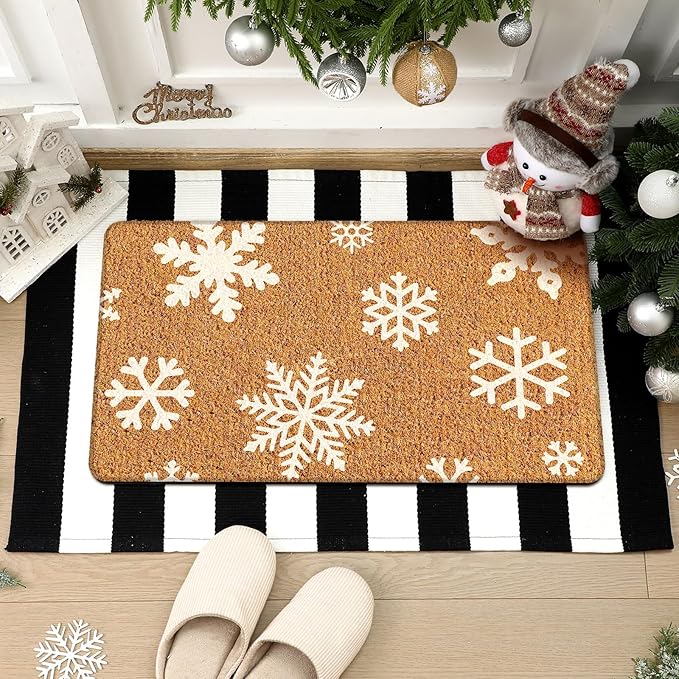 2 Pcs Christmas Door Mat Outdoor Winter Snowflake Nature Coir Welcome Outdoor Rug Black White Stripe Winter Christmas Front Porch Rugs Non Slip Floor Mats Indoor Entrance Decor
