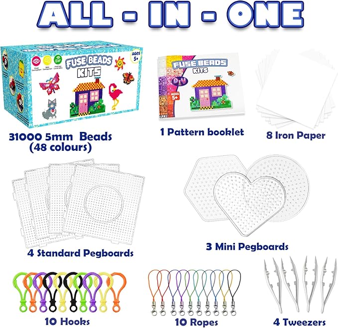FUNZBO 31000 5mm Fuse Beads Kit - 48 Colors, Christmas Homeschool Arts and Crafts Supplies for Kids, Toys Set, Art Decorations for Room, Christmas Toys Gifts for Girls and Boys Age 5+