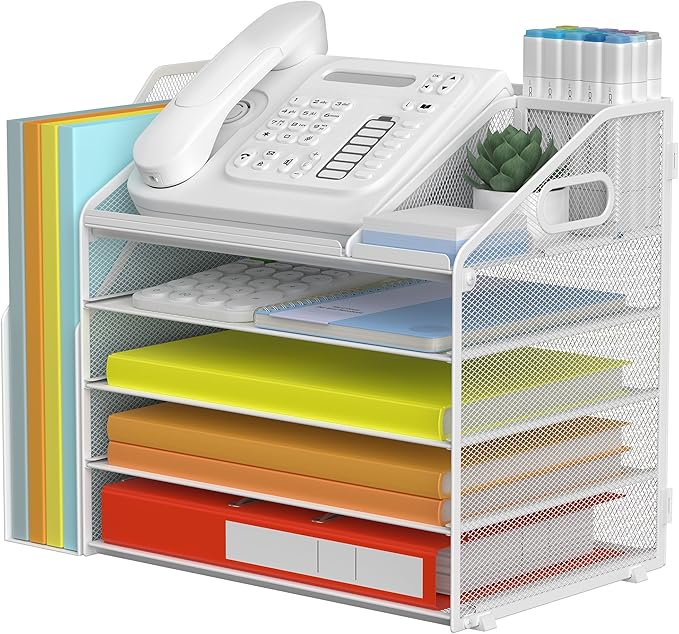 DocNest 5 Tier Paper Letter Tray File Organizer, Mesh Desk File with Handle, Workspace Desk Organizers with Pen Holder, Office Organization Storage Accessories - White