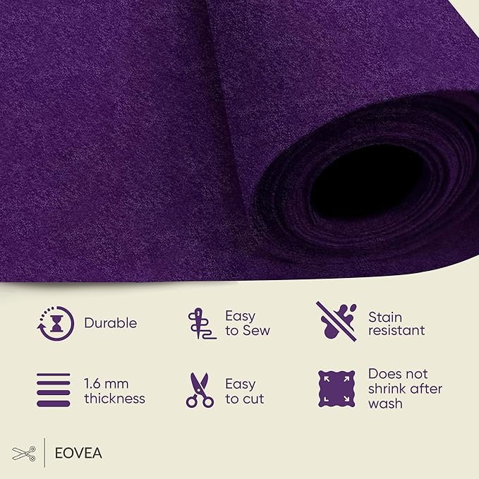 EOVEA | Acrylic Felt Fabric by The Yard - Non-Stiff, Soft Material - 72" Wide - 1.6mm Thick Felt Sheets for DIY Crafts, Sewing, Upholstery, Cushion, Padding(Purple, 1 Yard)