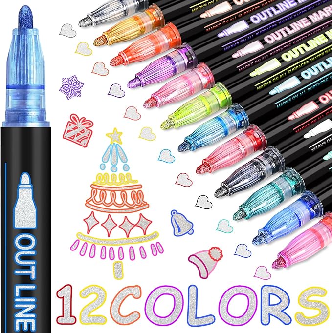 Outline Shimmer Glitter Markers for Kids, 12 Metallic Outline Marker Pen, Super Squiggles Shimmer Markers for Doodling, Art Supplies, Arts Crafts, Gifts for 8-12 Year Old Girls, Double Line Pens