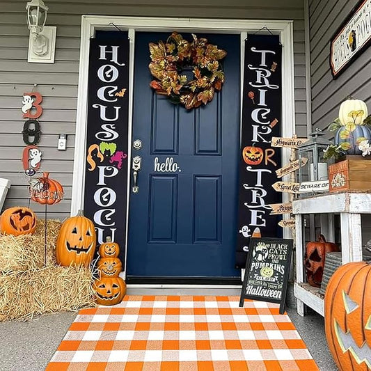 Buffalo Plaid Outdoor Rugs, 3'x5' Orange and White Checkered Indoor/Outdoor Area Rug, Layering Rug for Hello/Welcome Door Mat, Washable Cotton Woven Farmhouse Mat for Fall Front Porch Décor