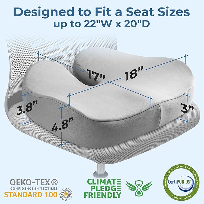 5 STARS UNITED Seat Cushion for Tailbone Pain Relief – Large Memory Foam Lifting Pillow for Coccyx, Hip, Sciatica & Post-Surgery Recovery – Wheelchair, Car, Desk, Gaming & Office Chairs, Light Gray