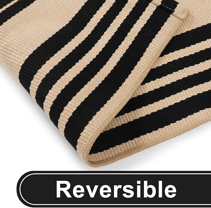 KIMODE Striped Outdoor Rug 3'x 5',Washable Reversible Striped Outdoor Patio Rugs,Cotton Hand Woven Farmhouse Welcome Layered Door Mats for Front Door Entryway Porch Spring Decor Black and Khaki