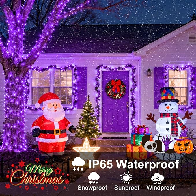 2 Pack Christmas Lights Outdoor, Total 200FT 600 LED Purple String Lights for Outside with 8 Modes Waterproof, Plug in Halloween Decorations for Indoor House Room Patio Garden Party Holiday