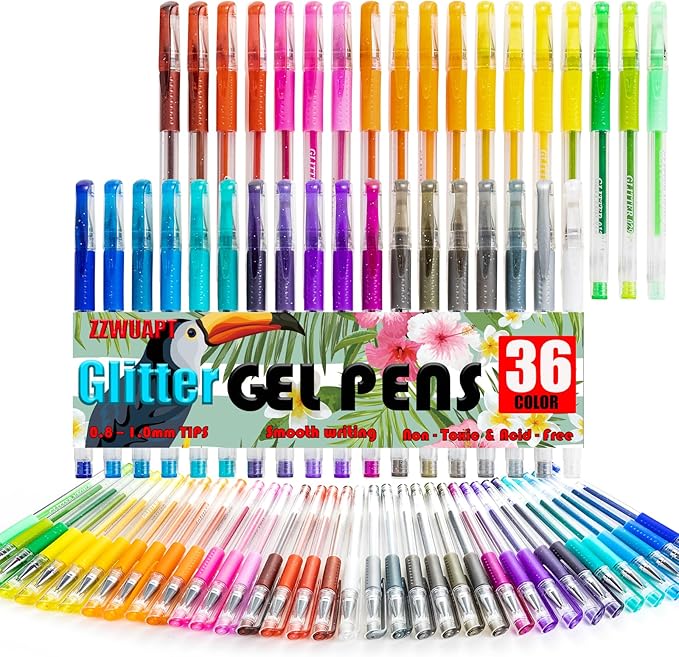 Glitter Gel Pens for Coloring Book,72 Color Gel Pens Set including 36 Color Gel Pen with 36 Refills,40% More Ink Colored Gel Pens for Drawing, Doodling, Scrapbook, Journaling