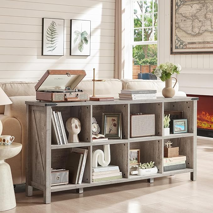 8 Cube Book Shelf, Farmhouse Wood Long Storage Organizer Bookcase, 62" Horizontal Grey Oak Console Closet Bookshelf, Hallway TV Stand for Entryway, Display Cabinet Book Case for Living Room