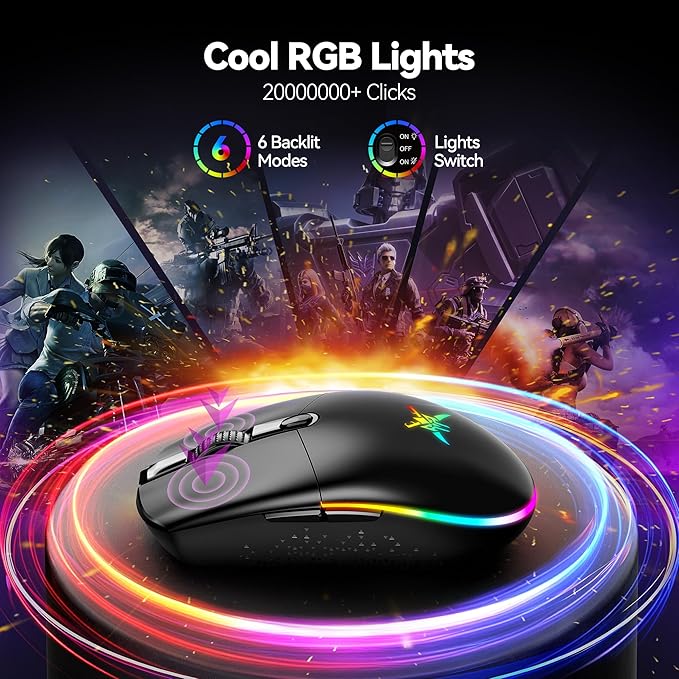 TECKNET Wireless Gaming Mouse Rechargeable - 8000 DPI, Long-Lasting 100Hrs Battery, RGB Backlit, 6 Programmable Buttons, Dual Connectivity (2.4G + USB-C) for PC, Mac, Laptop - Black