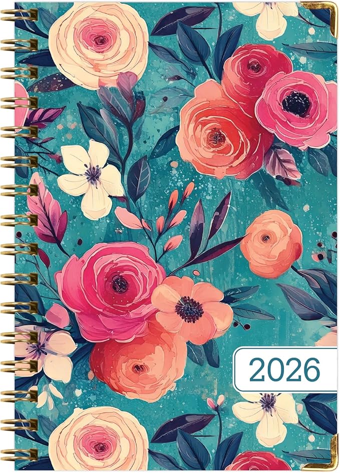 HARDCOVER 2026 Planner, 5.5"x8": 14 Months (November 2025 - December 2026), Daily Weekly Monthly Planner, Yearly Agenda, Bookmark, Pocket Folder and Sticky Note Set (Teal Floral)
