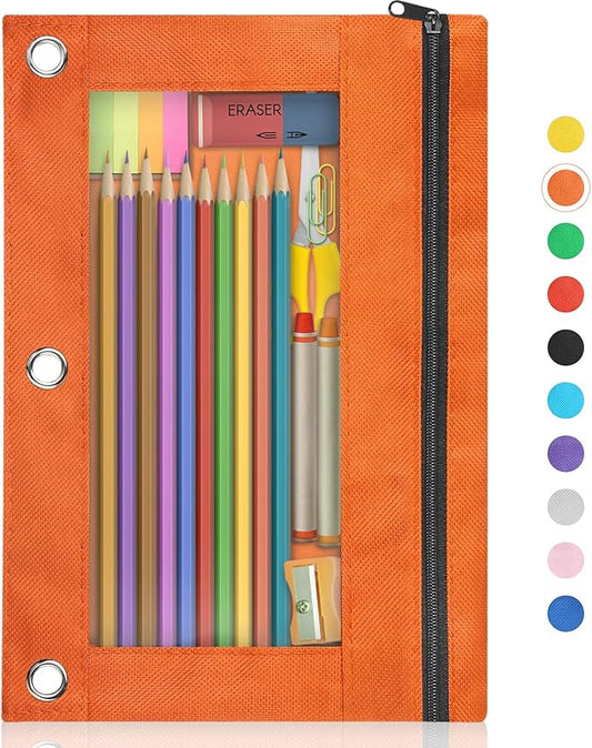 Shemira Pencil Pouch for 3 Ring Binder, Binder Pencil Pouch with Smooth Zipper, Clear Window Pencil Case for Binder, Zipper Pencil Pouches, Big Capacity 3 Ring Binder Pencil Bag, Orange