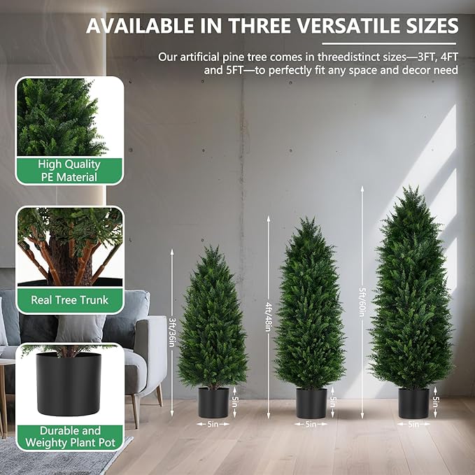 2Pack Artificial Topiary Cedar Trees, 4FT Artificial Cedar Pine Tree Potted UV Rated Plant Fake Plants Tall Artificial Plants Shrubs for Indoors Outdoors