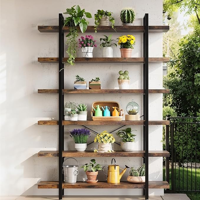 6 Tier Bookcase, 47 Inch Wide Wood Bookshelf, 120lbs Shelf Capacity, Rustic Open Shelving Industrial Display with Reinforced Horizontal Brown Shelves for Living Room Bedroom Office 2 Set