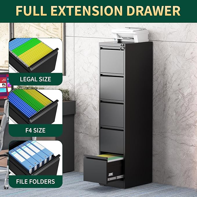 5 Drawer File Cabinet with Lock, Steel Vertical Filing Storage Cabinet for Home Office, Heavy-Duty File Cabinets for Letters/Legal/A4 (Require Assembly, Black)