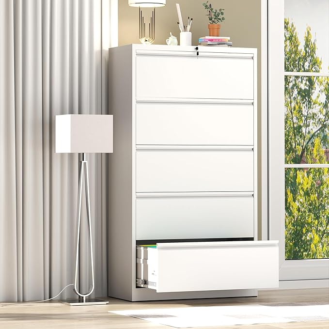 AQY 5 Drawer File Cabinet with Lock,Metal Lateral File Cabinets for Home Office,Steel Wide Filing Organization Storage Cabinets for Hanging Files Letter/Legal/F4/A4 Size,Assembly Required(White)